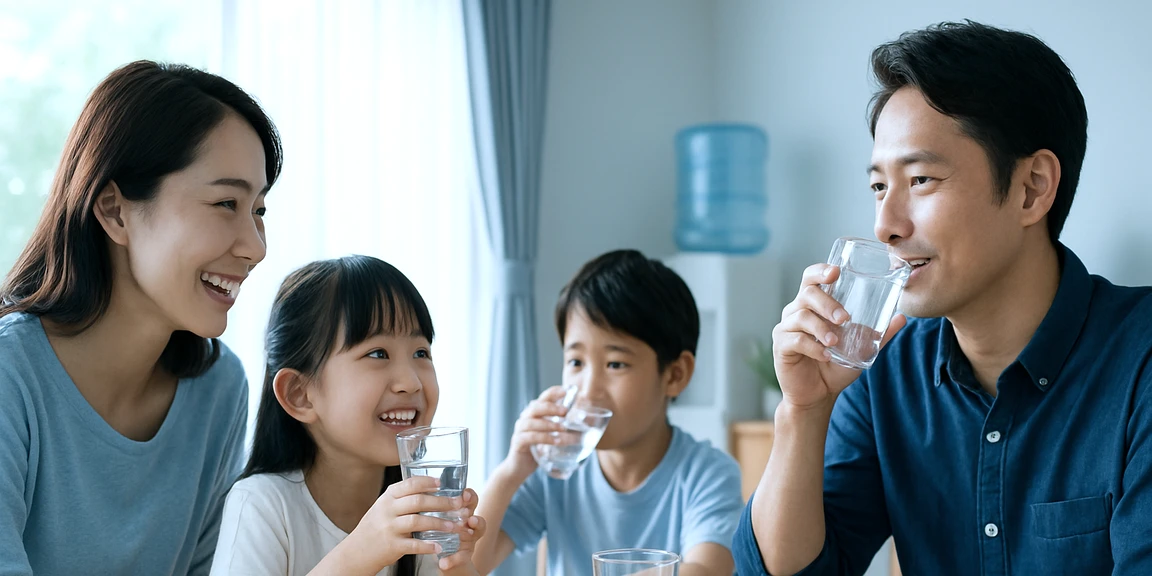 家族が水を囲んで談笑する様子